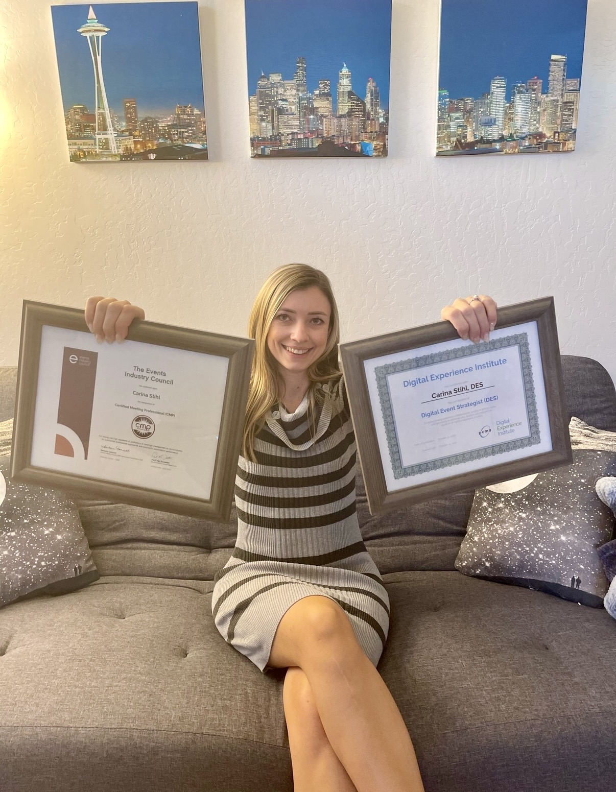 Carina holding her CMP and DES certifications