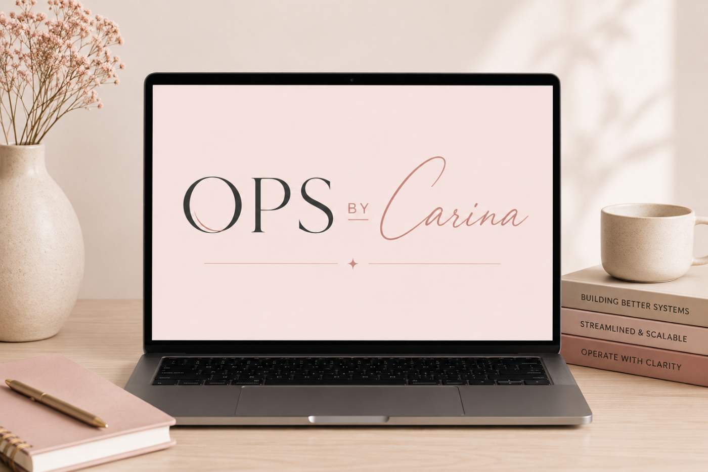 A laptop on a desk showing the Ops by Carina logo